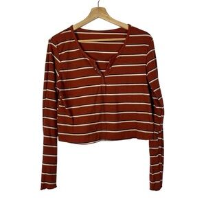 Boutique Orange Ribbed Stripe Henley Crop Long Sleeve T-Shirt L